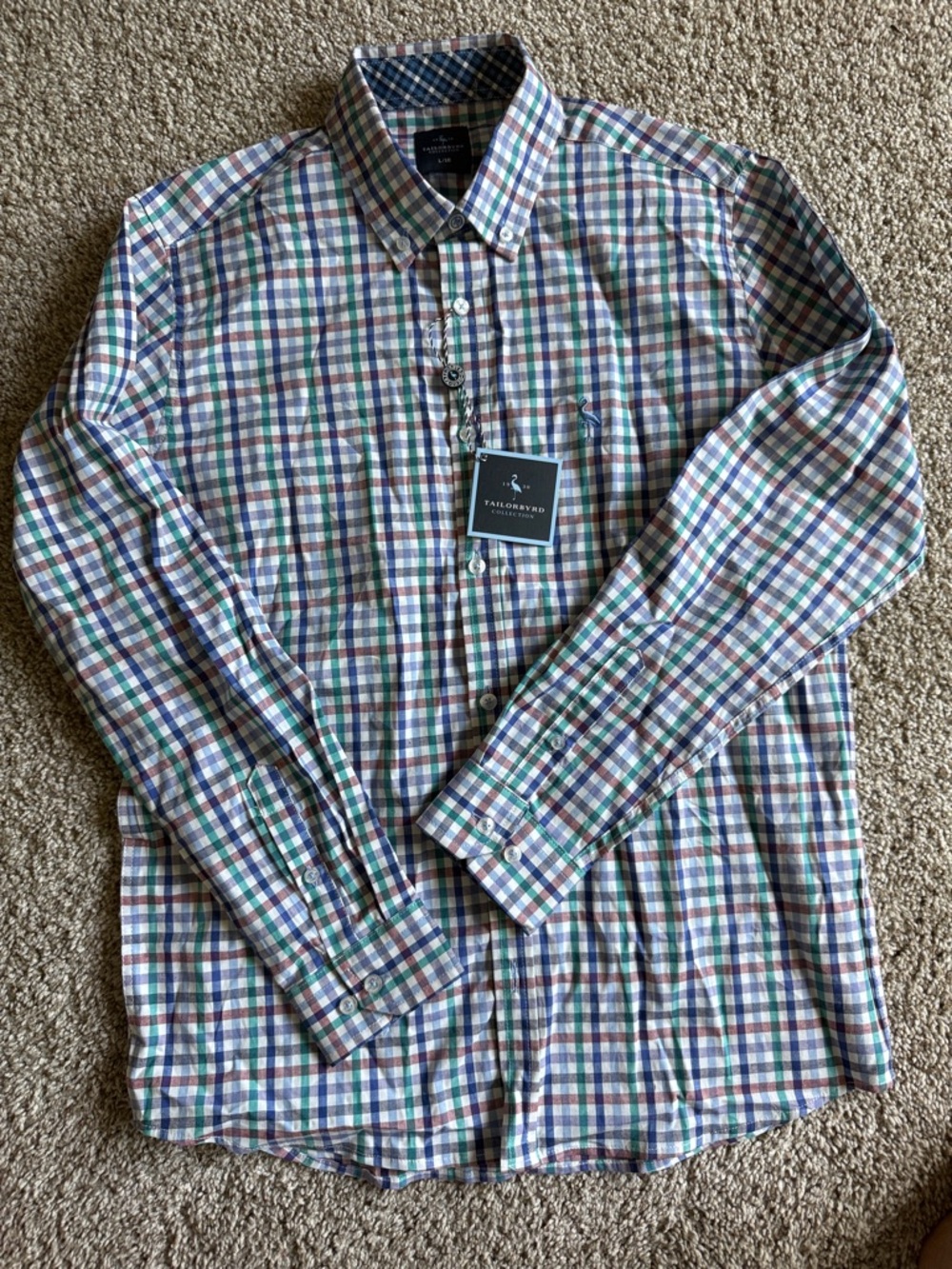 Tailorbyrd Men's Blue, Green & White Plaid Button-Down Shirt